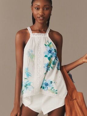 NWT Cutout Handkerchief Tank by Anthropologie, Blue floral with lace